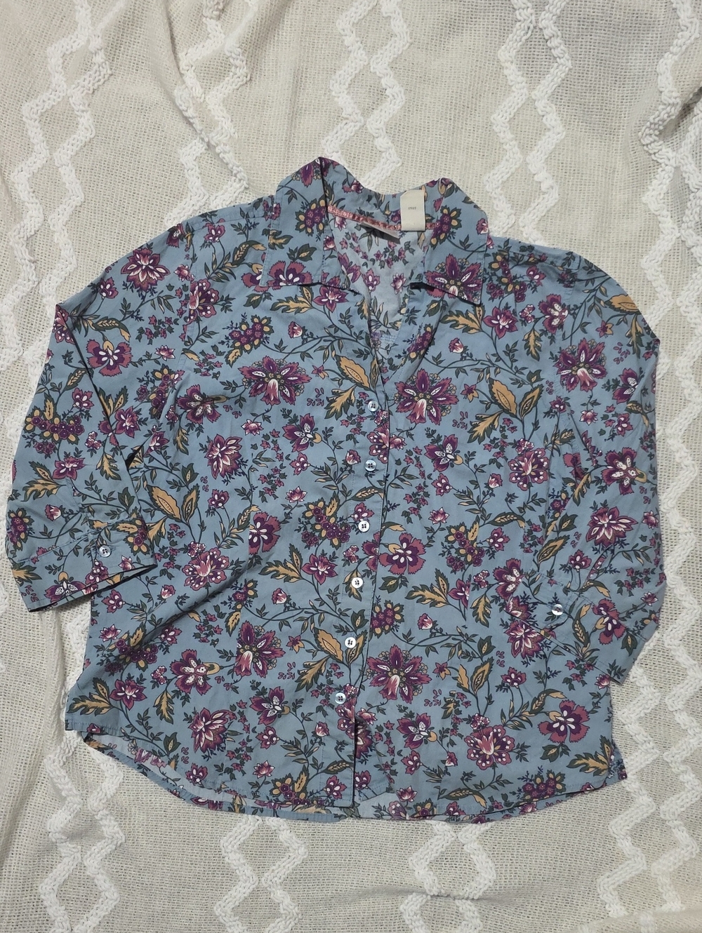 Erika Size Large Blue Floral Button Down Shirt 100 Cotton 3/4 Sleeve Blouse
